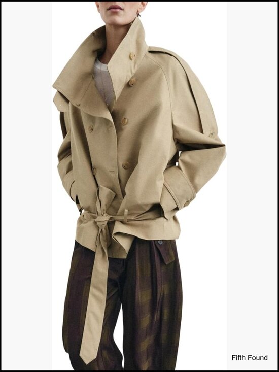Jackets & Blazers - Cropped Double Breasted Trench Coat with Belt, Funnel Neck, Short Jacket